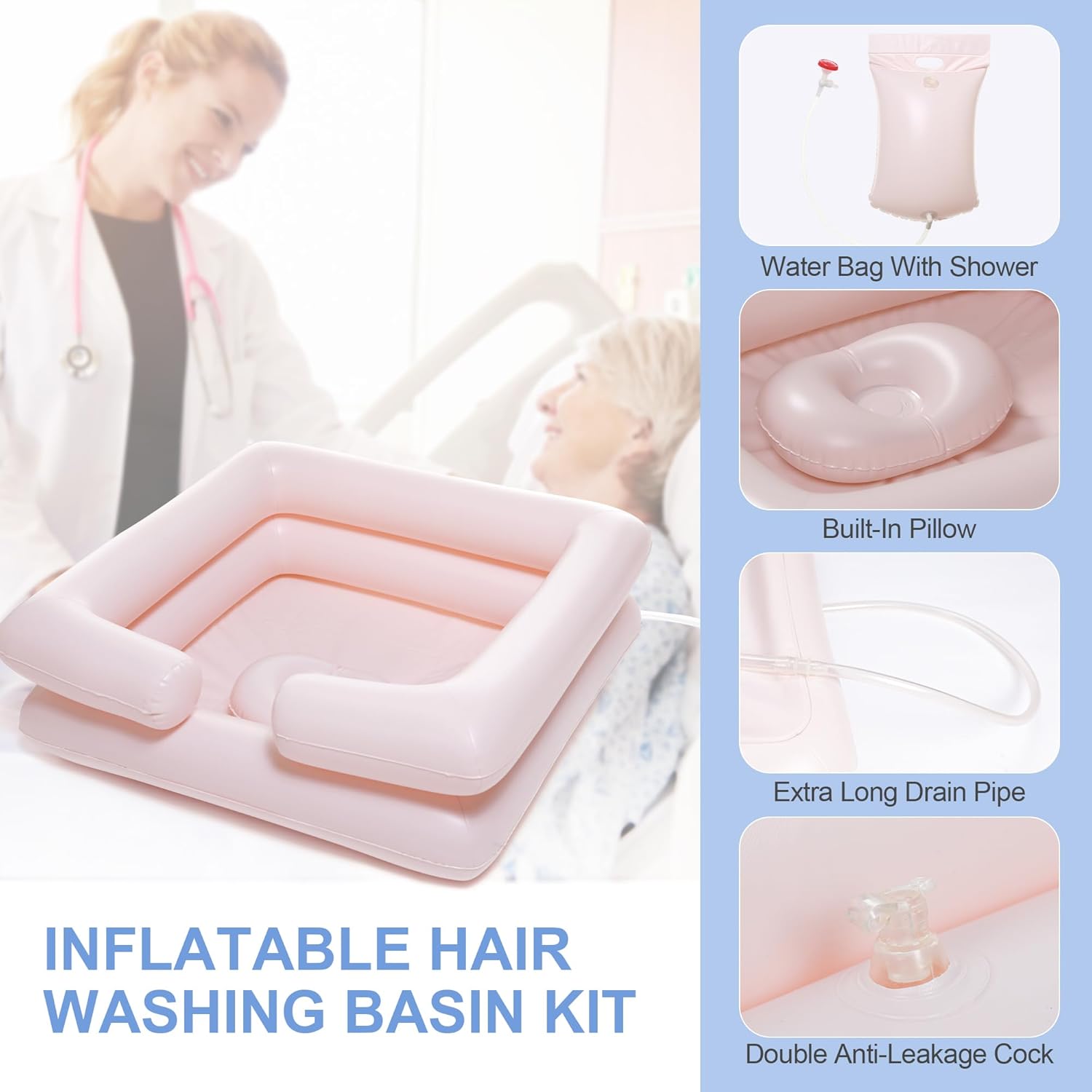 Inflatable Bedside Shampoo Set with Water Bag and Waterproof Shawl. Wash Hair in Bed for Children, the Elderly, Pregnant Women, Post-surgery or Bedridden Patients. Water Bag Capacity 2.1 Gallons (8L) - Image 5