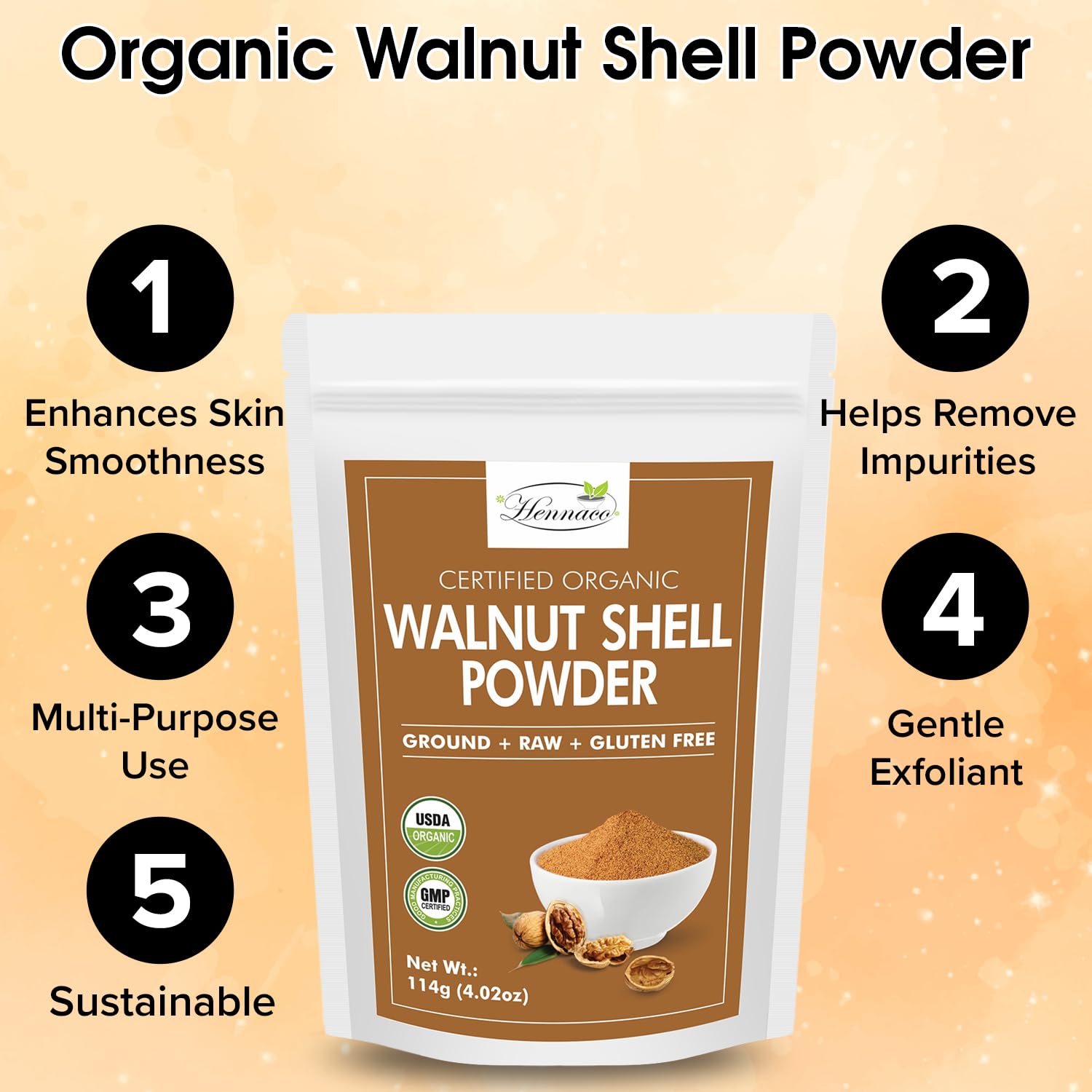 Organic Walnut Shell Powder| Natural Exfoliant | Resealable Zip Lock Pouch | USDA Organic| Pure & Natural Powder for Skin | Suitable for Face, body, & Foot Scrub | 114 Grams (4 OZ) - Image 3