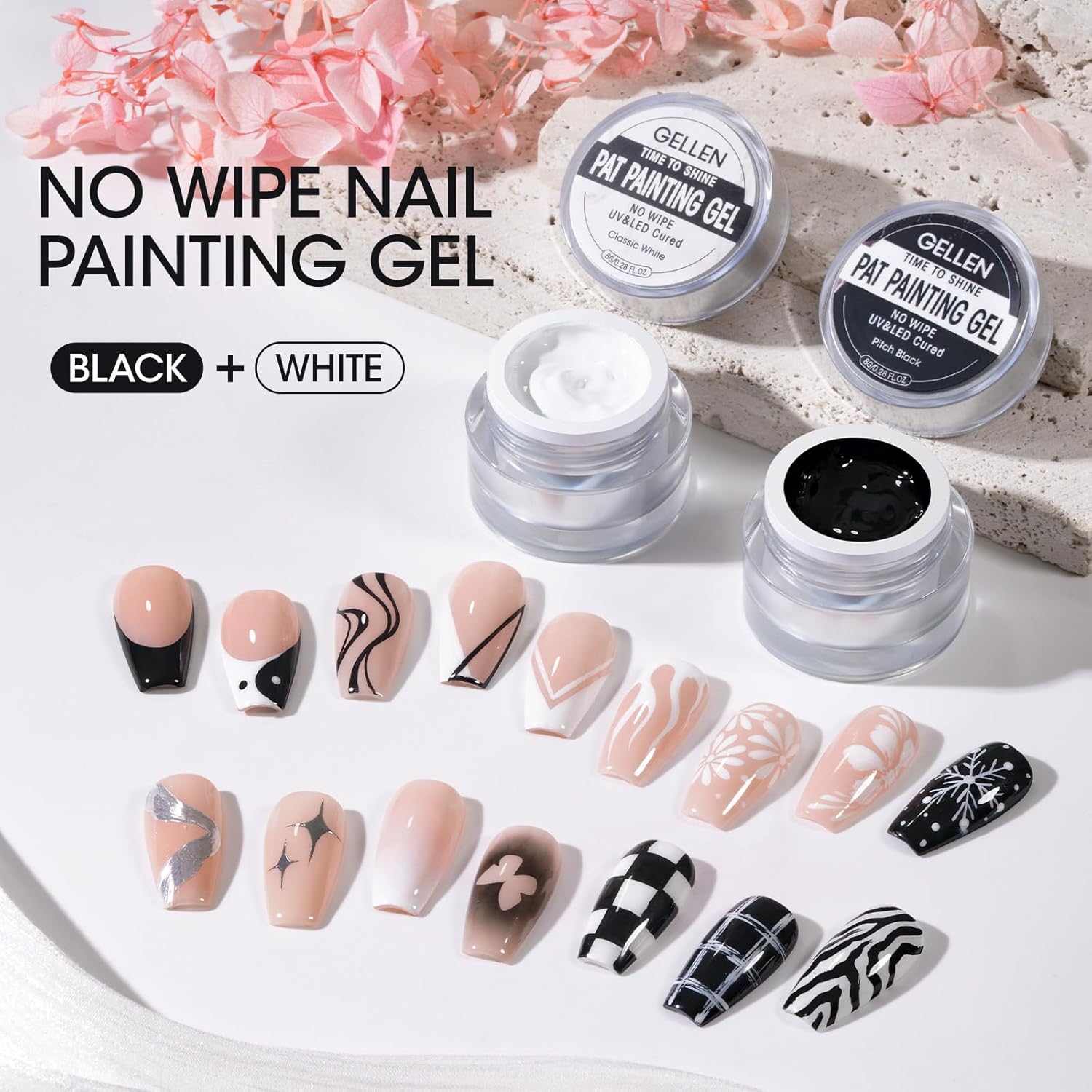 GELLEN Nail Painting Gel 2Pcs 8G Black & White No Wipe Pat Painting Nail Gel for Drawing Striper Liner Floral Painting Gel Polish Nail Art for Salon Home DIY Manicure, UV/LED Curing Required - Image 8