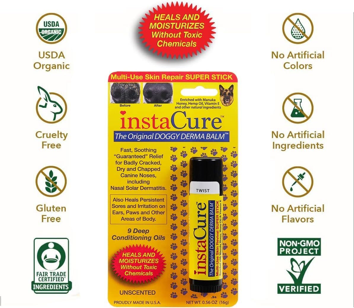Doggy Derma Balm Jumbo-Sized Skin Repair Stick w/Manuka Honey. Soothes & Heals Dog's Dry Cracked Noses, Paws, Bulldog Wrinkles 100% Natural (1-Pack) - Image 3