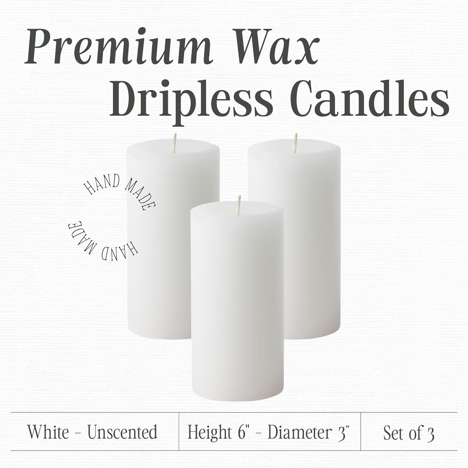 Mister Candle Dripless Unscented Pillar Candles, Set of 3 Hand Poured White Solid Color Non-Scented Candles for Home Decor, Premium Wax, 80 Hr Burn Time, 3x6 Inch - Image 2