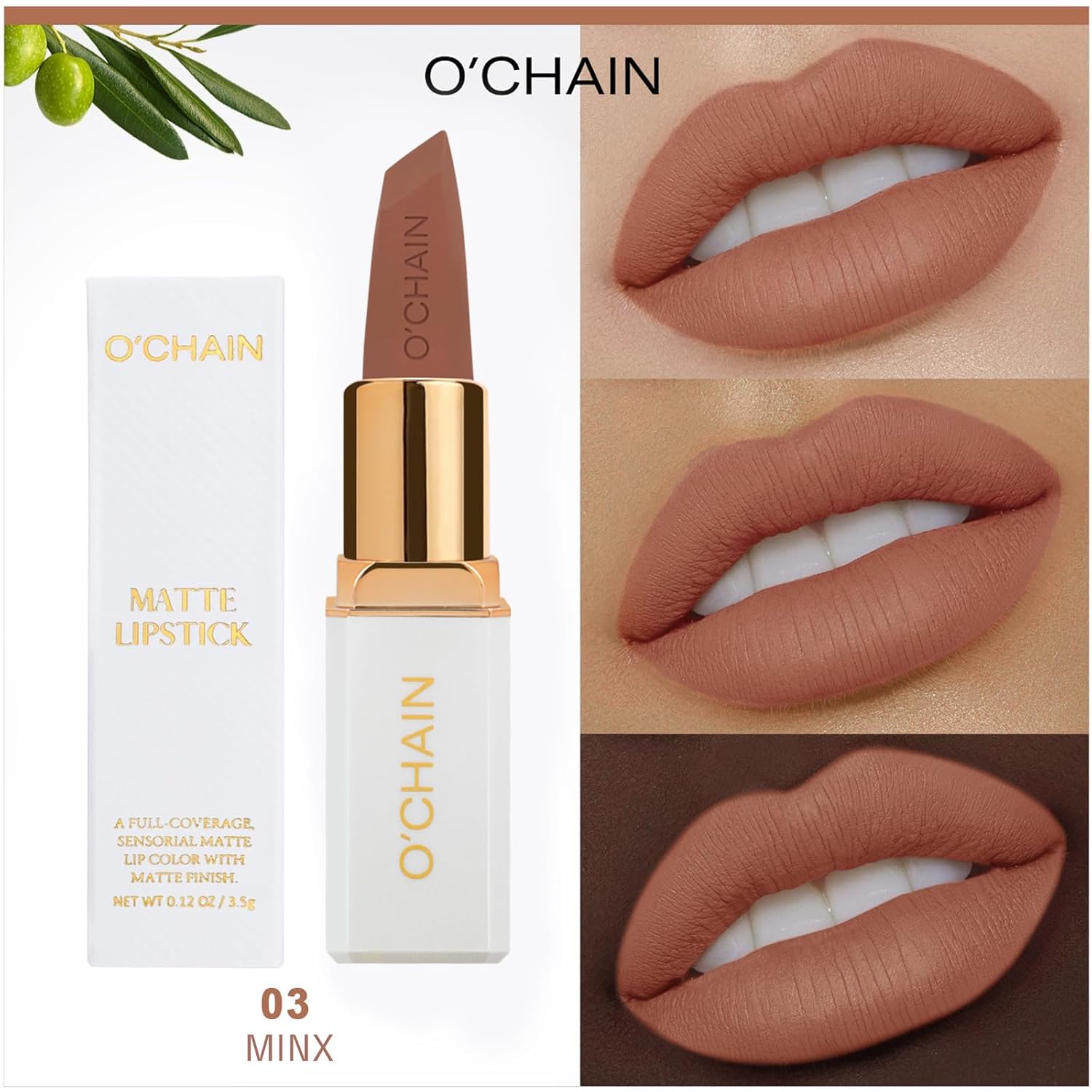 O'CHAIN Nude Matte Lipstick, Long Lasting Full Coverage Non-Transfer Lipstick for Women Infused with Jojoba Oil and Vitamin E, Cruelty-Free & Vegan (03 MINX) 0.12 Oz - Image 2