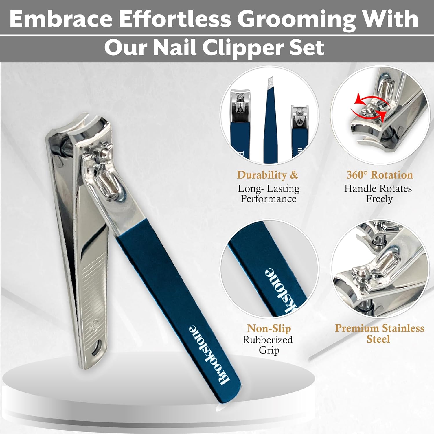 Brookstone Navy Premium Stainless Steel Nail Clipper Set with Case and Tweezer Two-Piece - Image 3