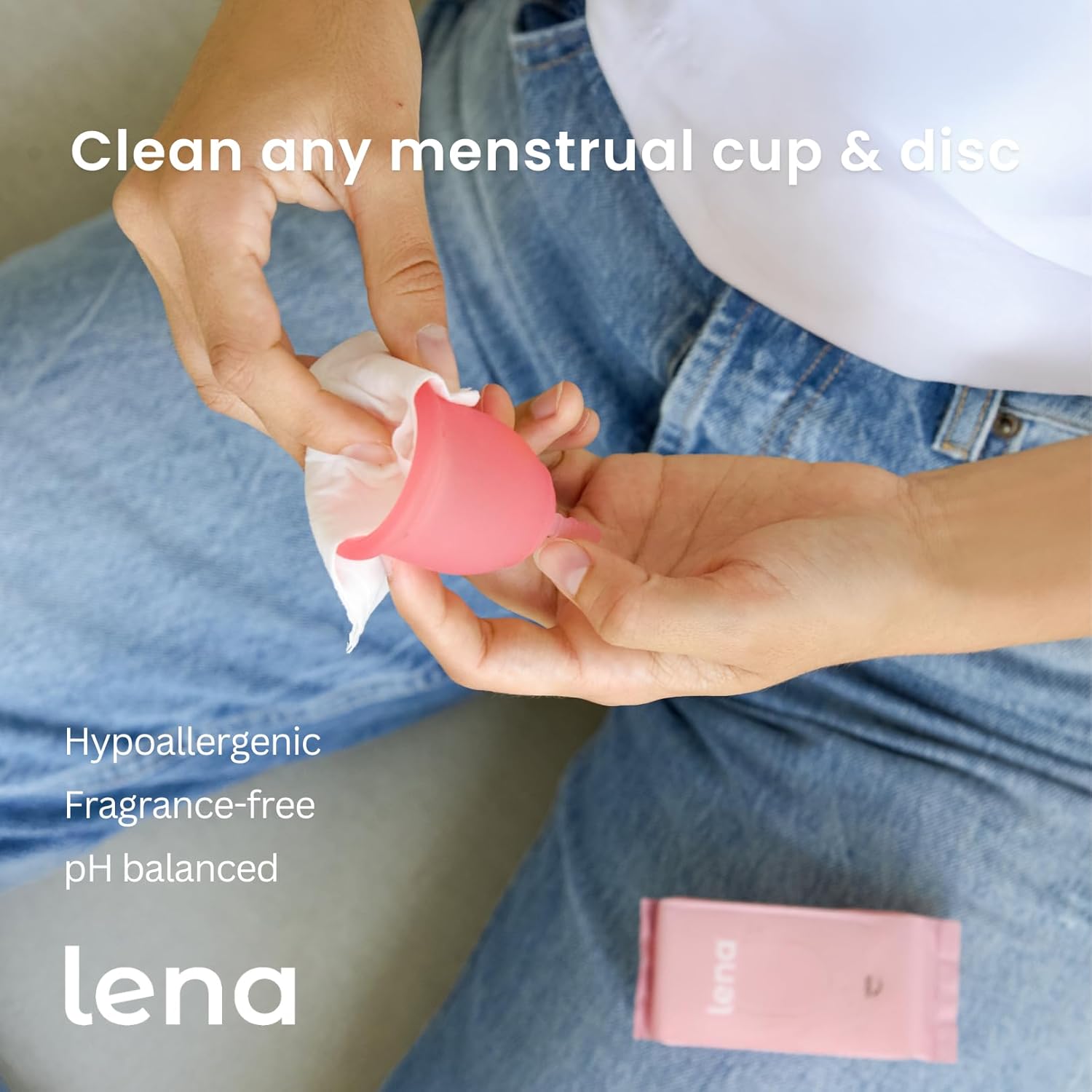 Lena Menstrual Cup & Disc Cleansing Wipes - Travel Essentials for Women & Girls - pH Balanced, Unscented Feminine Wipes for Periods & Intimate Care - Discreet & Travel Friendly - 32 Count - Image 3