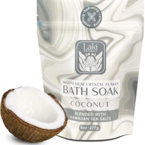 Magnesium Flakes Bath Soaks (8 oz) – Hawaiian Sea Salt Bath Soak w/Essential Oils – Bath Salts for Pain Relief & Relaxation – Detox Bath Salt to Promote Sleep – Vegan Mineral Salt (Coconut Milk)