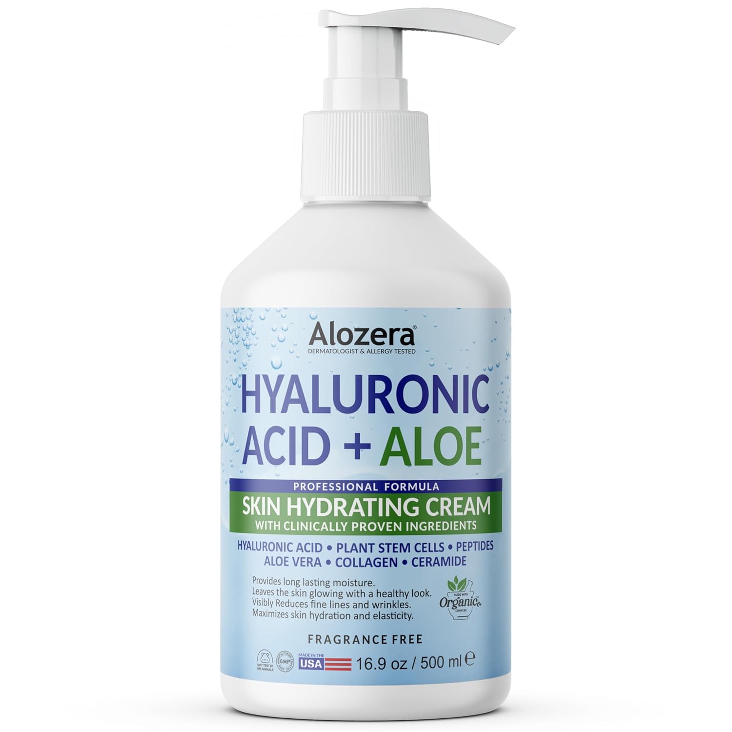 Moisturizing Cream, Body and Face Moisturizer for Dry and Sensitive Skin with Hyaluronic Acid, Aloe Vera, Stem Cells & Ceramides, Lightweight, Oil-Free, Fragrance-Free, 16.9 oz