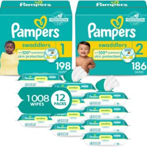 Pampers Baby Diapers and Wipes Starter Kit - Swaddlers Disposable Diapers Sizes 1 (198 Count) & 2 (186 Count) With Sensitive Water Based Wipes 12 Flip-Top Packs (1008 Total)