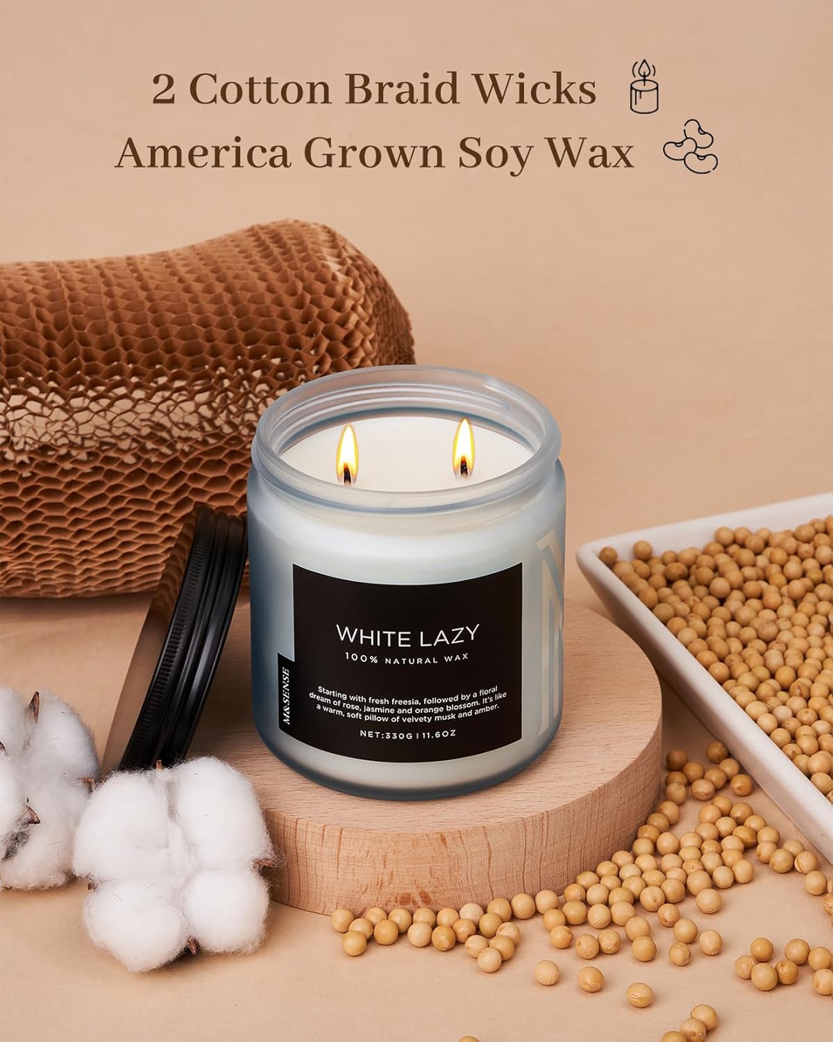 M&SENSE Jasmine & Clean Cotton Spring Scented Candle, 11.6oz Aromatherapy Gifts 2 Wick 70 Hours Long Lasting Burn, Natural Organic Soy Candle, Housewarming Gifts for Dad Mom Friends - Image 3