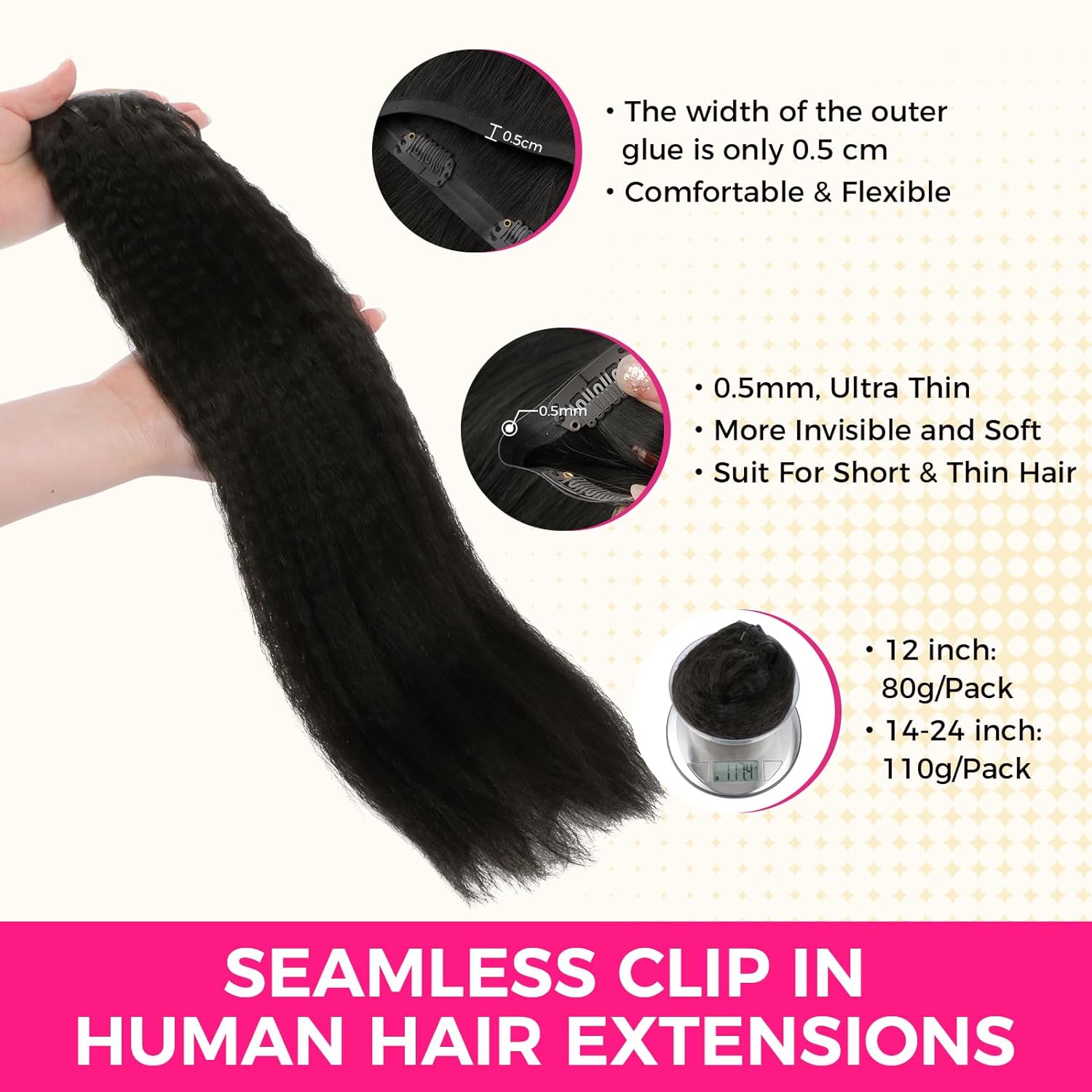 Lashey Clip in Hair Extensions 100% Real Human Hair Kinky Straight Invisi Edge Seamless Clip in Hair Extensions 110g Natural Black 16 Inch Human Hair for Black Women - Image 3
