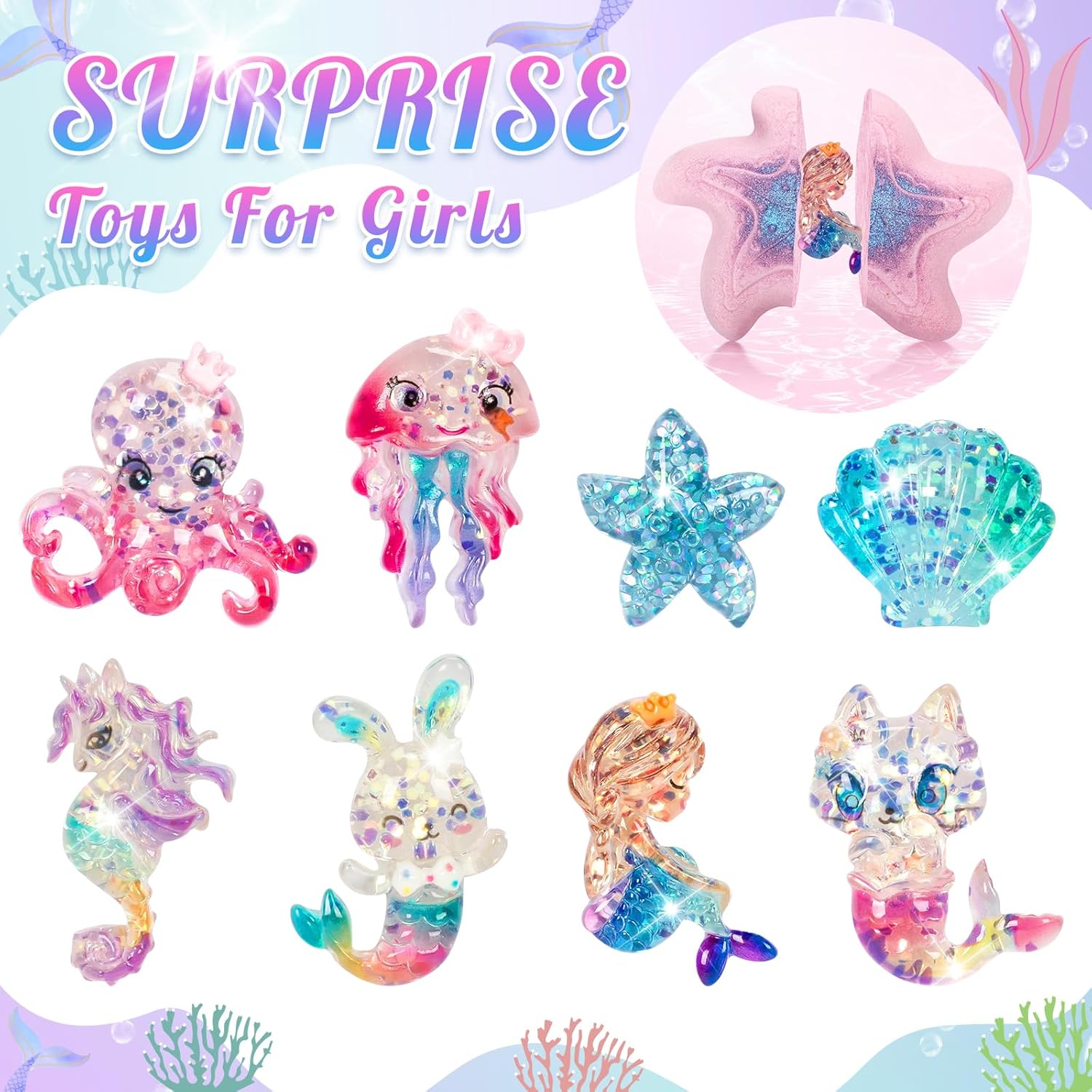 8 Packs Bath Bombs for Kids Girls, Mermaid Bath Bomb with Surprise Toys Inside, Princess Bubble Bath Toys for Kids Aged 4-8, Christmas Birthday Gifts for Girls 3 4 5 6 7 8 - Image 3