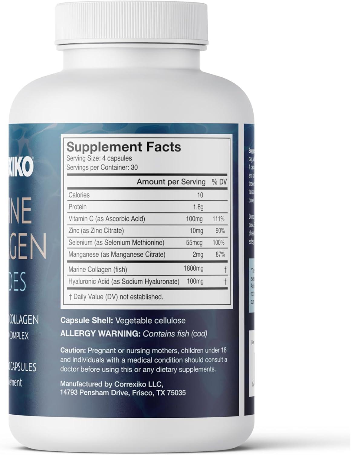 CORREXIKO Marine Collagen Supplement Pills - 1800mg Hydrolyzed Collagen Peptides per Serving with Added Hyaluronic Acid, Vitamin C & Minerals - for Hair, Skin & Nails - 120 Capsules 30 Day Supply - Image 7