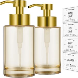 Glass Soap Dispenser with Stainless Steel Pump 2 Pack,12oz Thick Glass Gold Hand Liquid Soap Dispenser for Bathroom & Kitchen