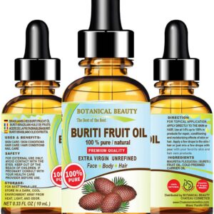 Botanical Beauty Brazilian BURITI FRUIT OIL 100% Pure Natural Virgin Unrefined Cold Pressed Carrier Oil Undiluted 0.33 fl.oz-10 ml for Face, Body, Hair, Lip, Nails