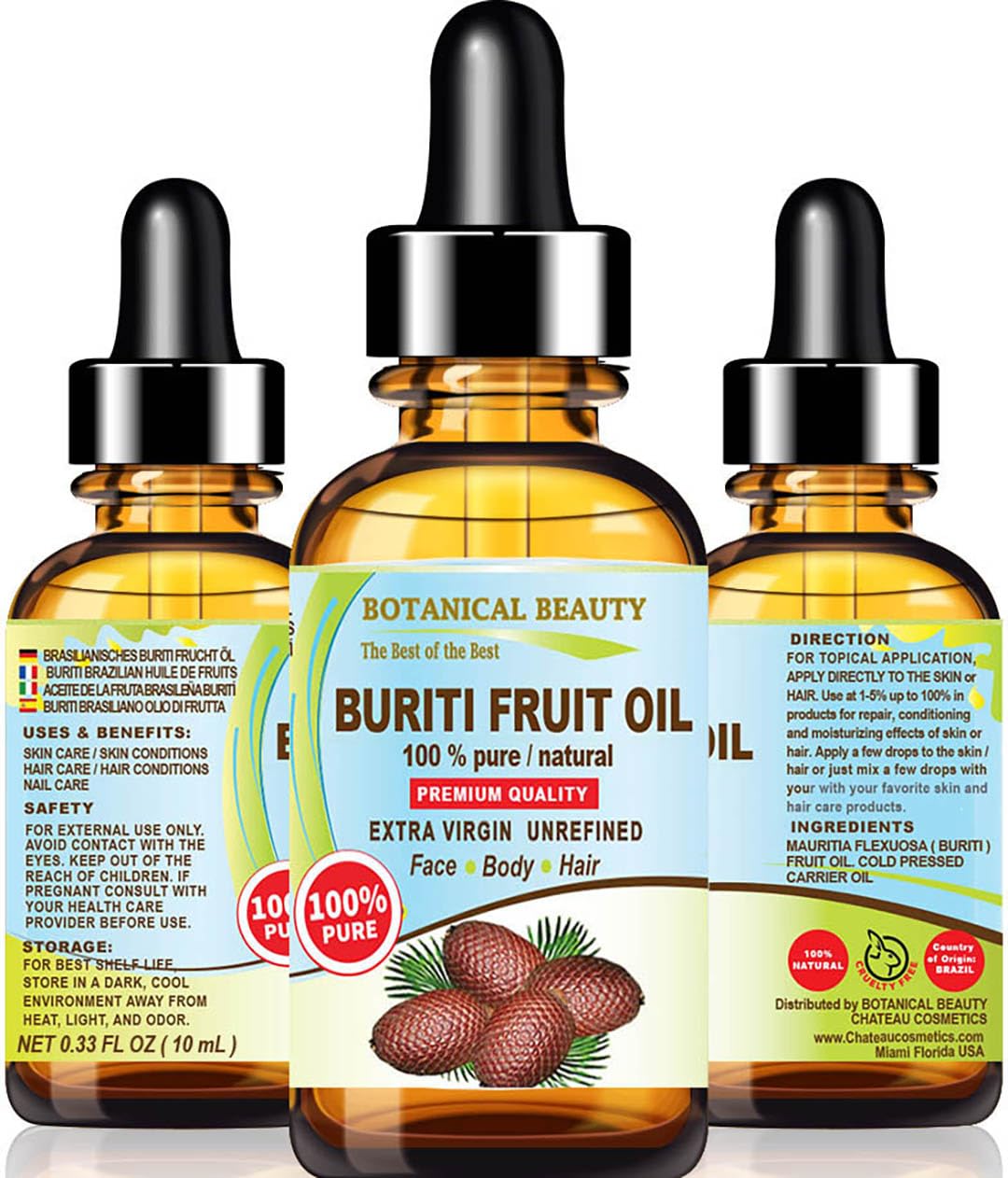 Botanical Beauty Brazilian BURITI FRUIT OIL 100% Pure Natural Virgin Unrefined Cold Pressed Carrier Oil Undiluted 0.33 fl.oz-10 ml for Face, Body, Hair, Lip, Nails