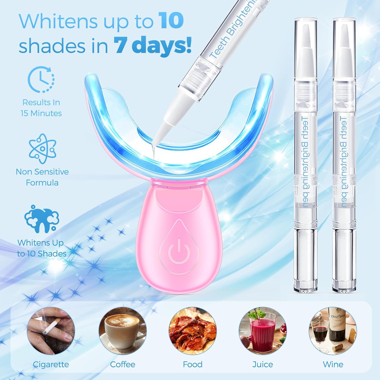 Teeth Whitening Kit for Sensitive Teeth - 16 LED Light - 30 Min Professional Non-Sensitive Fast Teeth Whitener with 3 Carbamide Peroxide Whitening Gel and Shade Guide - Pink - Image 3
