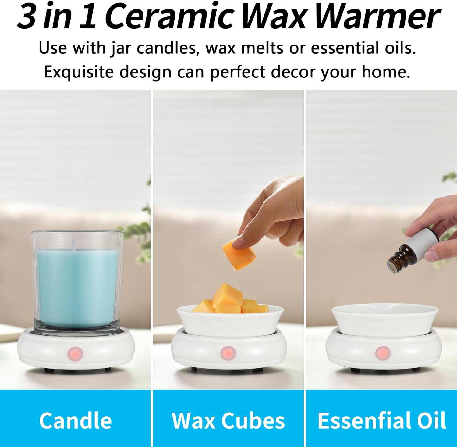 Ceramic Wax Warmer, Electric Wax Melt Warmer,3 in1 Home Fragrance Wax Burner, Scented Candle Wax melters as Gift for Women,mom and Grandma(White)… - Image 3