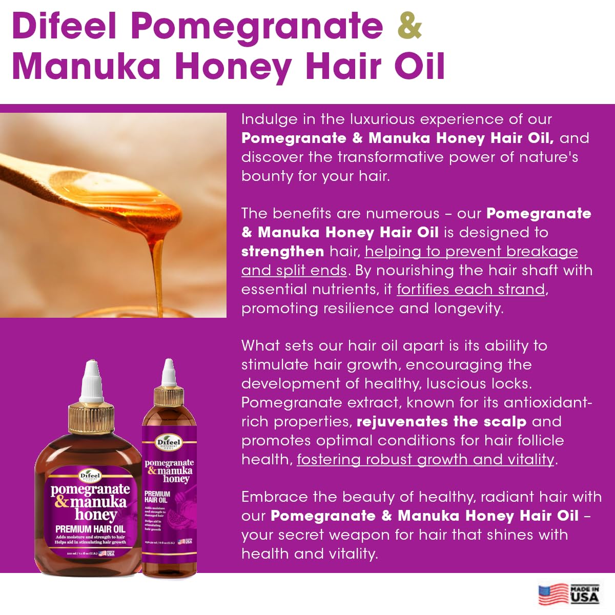 Difeel Pomegranate Manuka Honey Hair Oil 7.1 oz for Enhanced Growth and Deep Moisture - Image 4