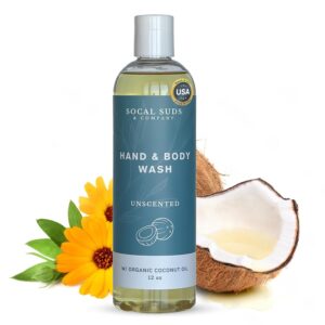 SoCal Suds & Company - 12oz Thick Organic Castile Soap Liquid Fragrance Free, Hand & Body Wash for Men & Women, Made w/Organic Oils & Coconut Oil, Bath Essentials, Gentle Soap for All Skin Types