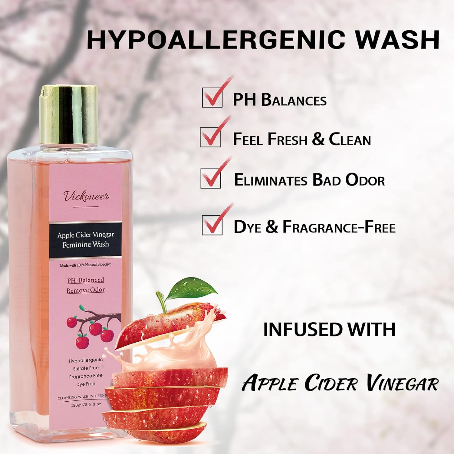 Vickoneer Intimate Yoni Wash for Women Feminine Wash, Vaginal Wash with Apple Cider Vinegar, pH Balance for Women Vaginial Deodorants, Daily Cleansing Wash, Fresh and Gentle on Skin, 250ml/8.5 fl oz - Image 2