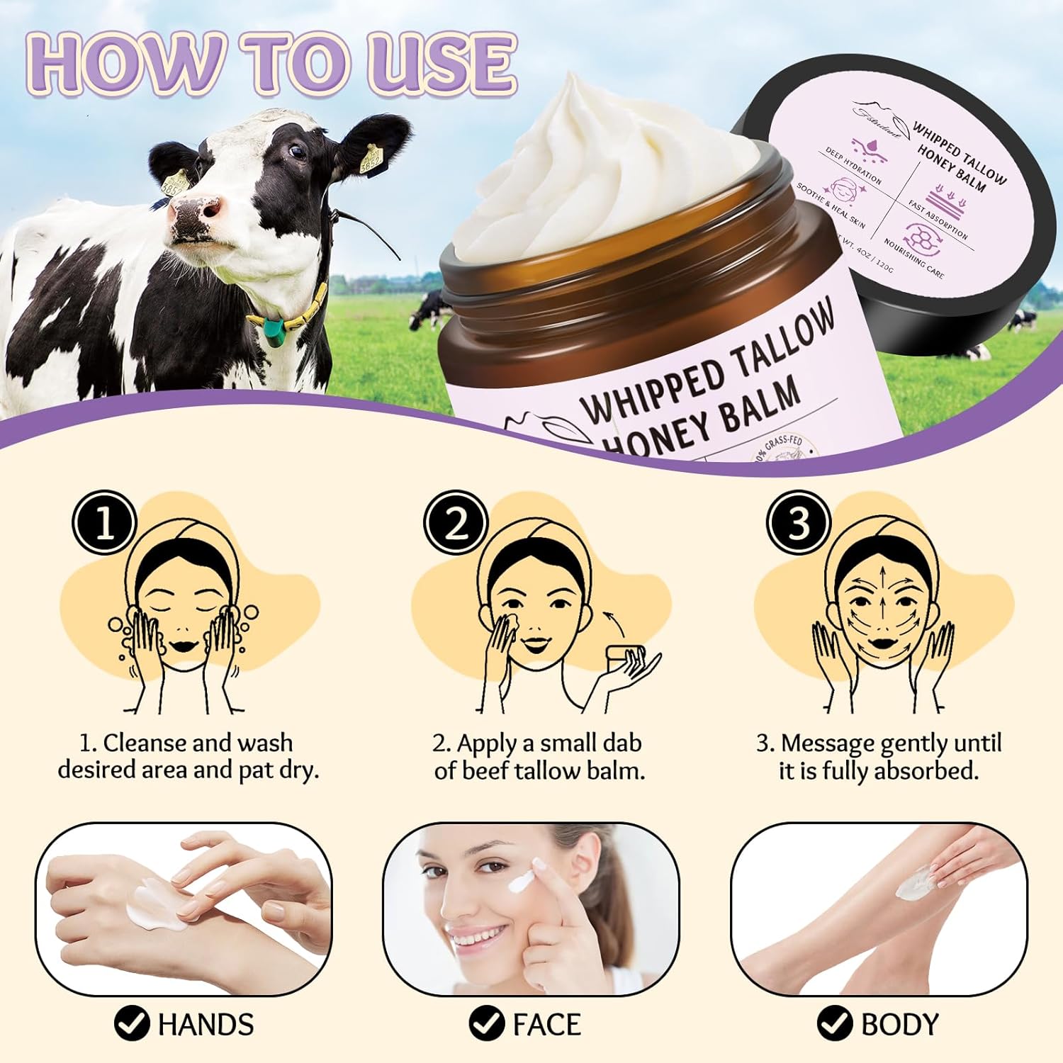All Natural Lavender Beef Tallow and Honey Whipped Face and Body Moisturizer 4oz - Image 5