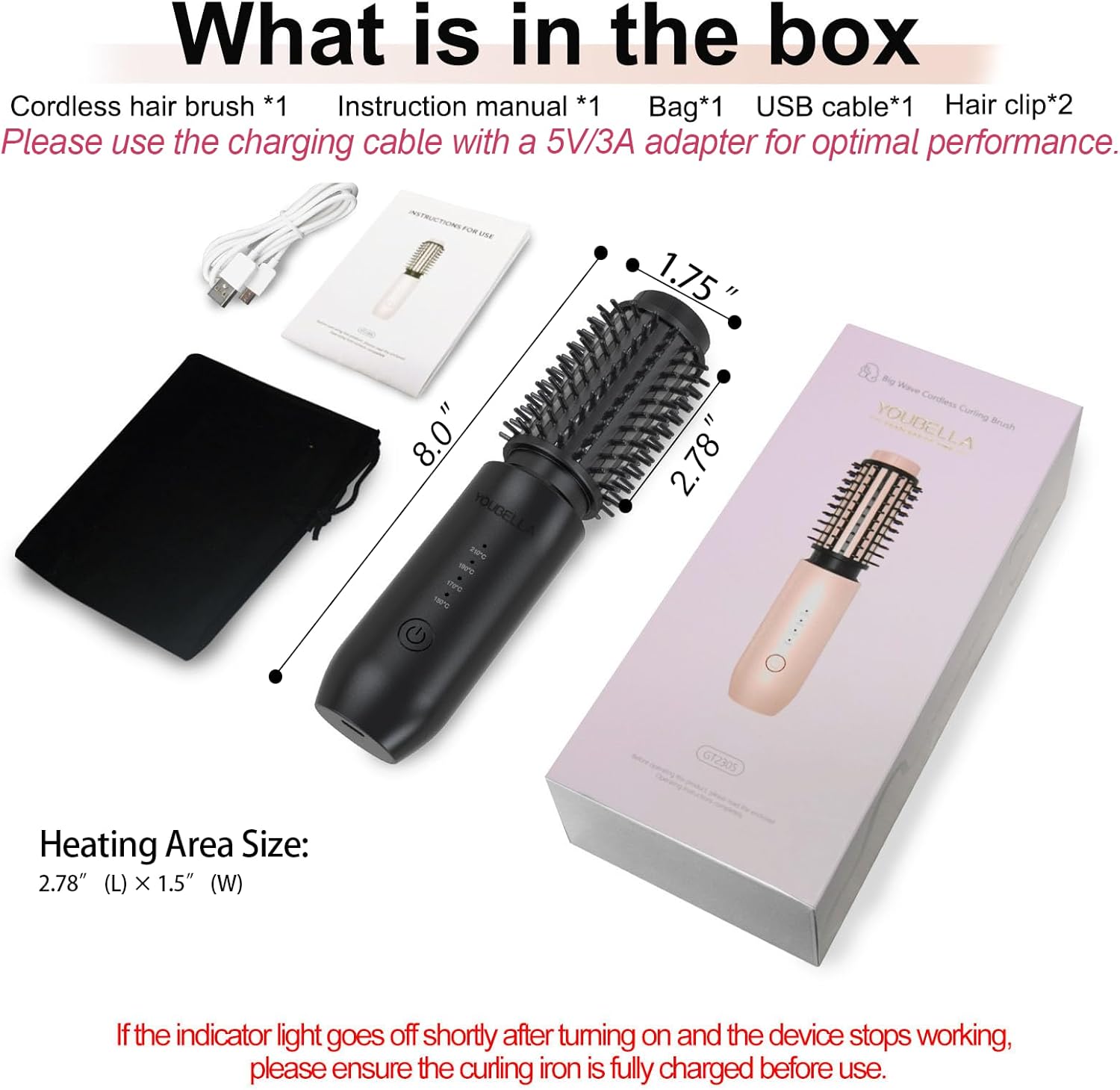 Cordless Hair Curling Iron Brush, Mini Travel Hot Straightener Comb, 3-in-1 Portable Wave Curling Wand, 1.5″ Ionic Heated Brush, USB Rechargeable Hair Curler, Pink - Image 9