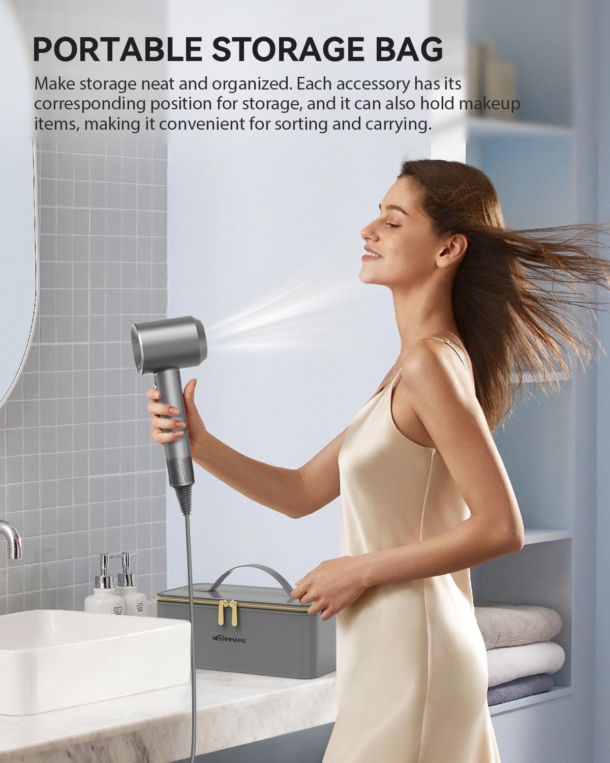 Ionic Hair Dryer with Diffuser, warmmama 1500W High Speed Blow Dryer with 3 Speeds and 4 Temps for Men & Women, Hair Blow Dryers Fast Drying Brushless Motor with Nozzle Bag for Home Salon Travel, Grey - Image 9