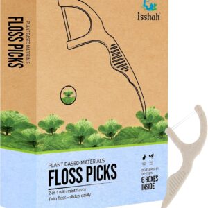 Natural Dental Floss Picks (300 Count) - Plant Based, PETA Approved Vegan, Eco Friendly, Sustainable Dental Flossers - Twin Floss (Mint)