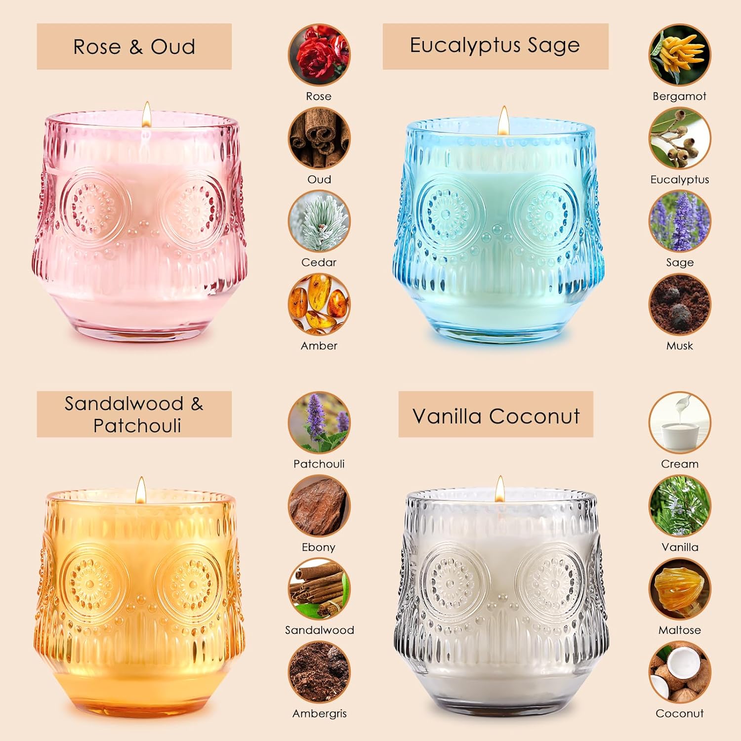 4 Pack Scented Candle Sets | Mother's Day Gifts Scented Candles for Home, Soy Candles for Home, Candle Gifts for Women - Vanilla Coconut/Eucalyptus Sage/Rose&Oud/Sandalwood Patchouli - Image 2