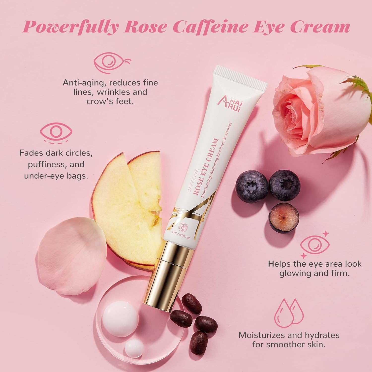 ANAI RUI Rose Caffeine Eye Cream 0.5 FL OZ for Dark Circles and Anti-Aging - Image 2