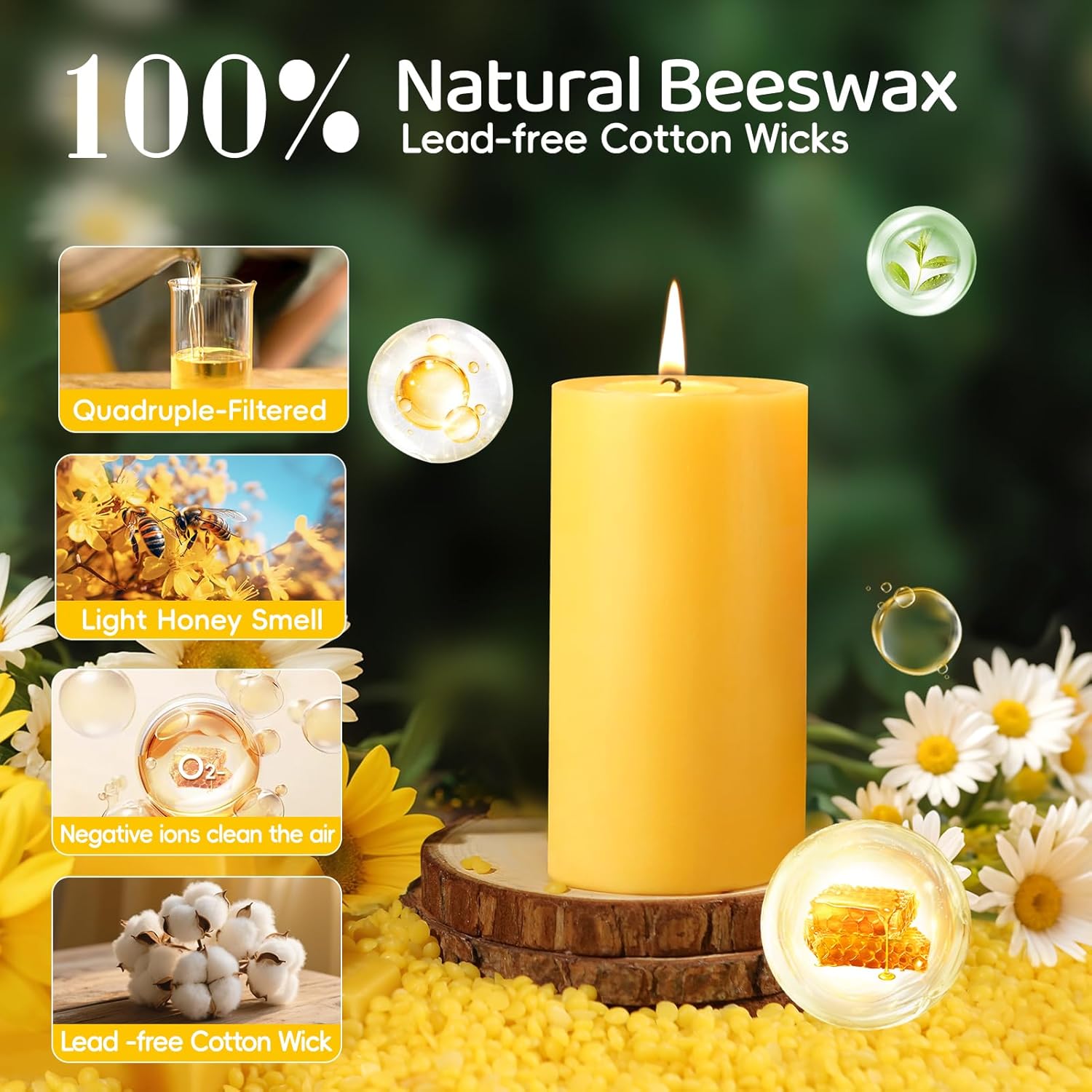 Beeswax Pillar Candles Set of 3,100% Pure Beeswax Candles, 87 Hour Burn Time Bees Wax Candles for Home, Prayer, Unscented, Dripless and Smokeless Organic Pillar Candles,2x2in,2x3in,1.89x4in - Image 2