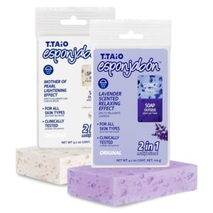 T.Taio Esponjabon Mother of Pearl and Lavender Soap Sponges — Shower Scrubbers That Remove Oil and Dirt — Sponges to Scrub Foot, Elbow, and Face — Bathroom Accessories — Fresh Scent (2-Pack)