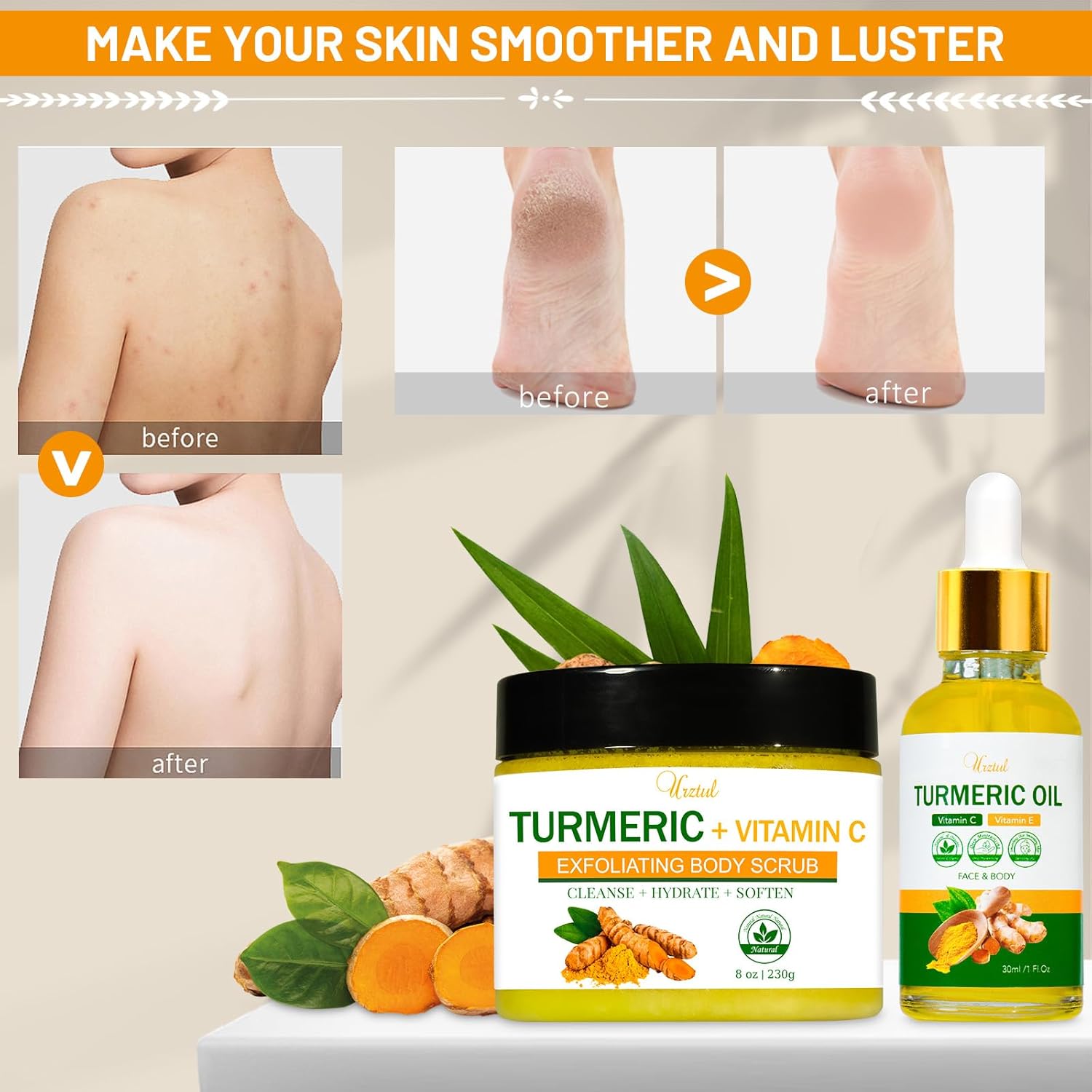 Turmeric Body Scrub Tumeric Oil Set, Natural Soothing Remove Dead Skin For Body, Face, Hand, Foot, Skincare Bikini Private Area, Smooth Hydrating Exfoliating Scrub Suitable for All Skin Types - Image 4