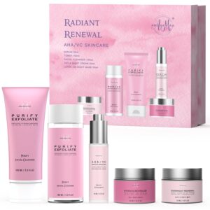 Skin Care Set, AHA+Vitamin C Skincare Routine Kit, 5 in 1 Facial Skin Care Essential for Daily Hydrating w/Cleanser, Toner, Serum, Moisturizer, and Mask, Gifts For Women and Teenage Girls