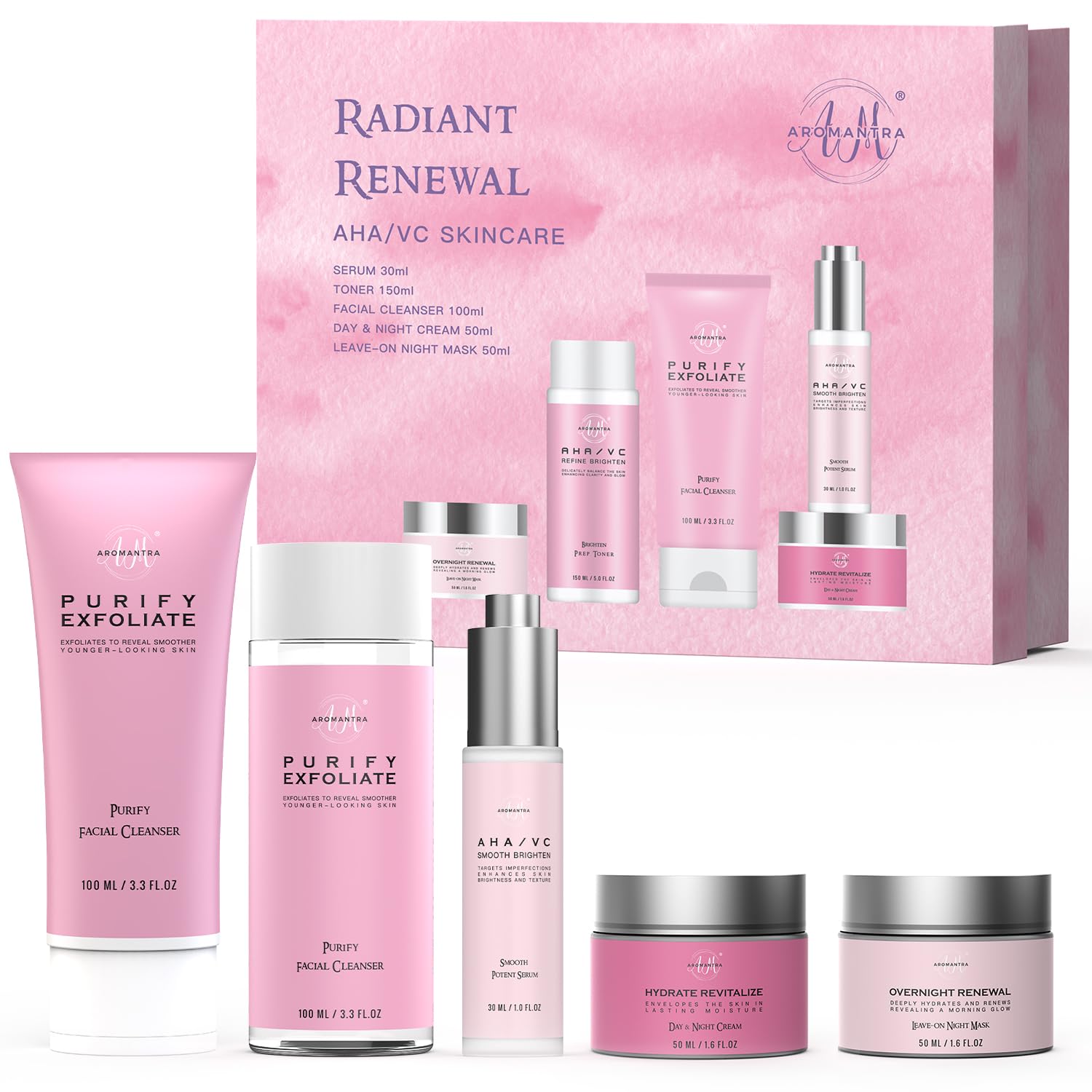 Skin Care Set, AHA+Vitamin C Skincare Routine Kit, 5 in 1 Facial Skin Care Essential for Daily Hydrating w/Cleanser, Toner, Serum, Moisturizer, and Mask, Gifts For Women and Teenage Girls