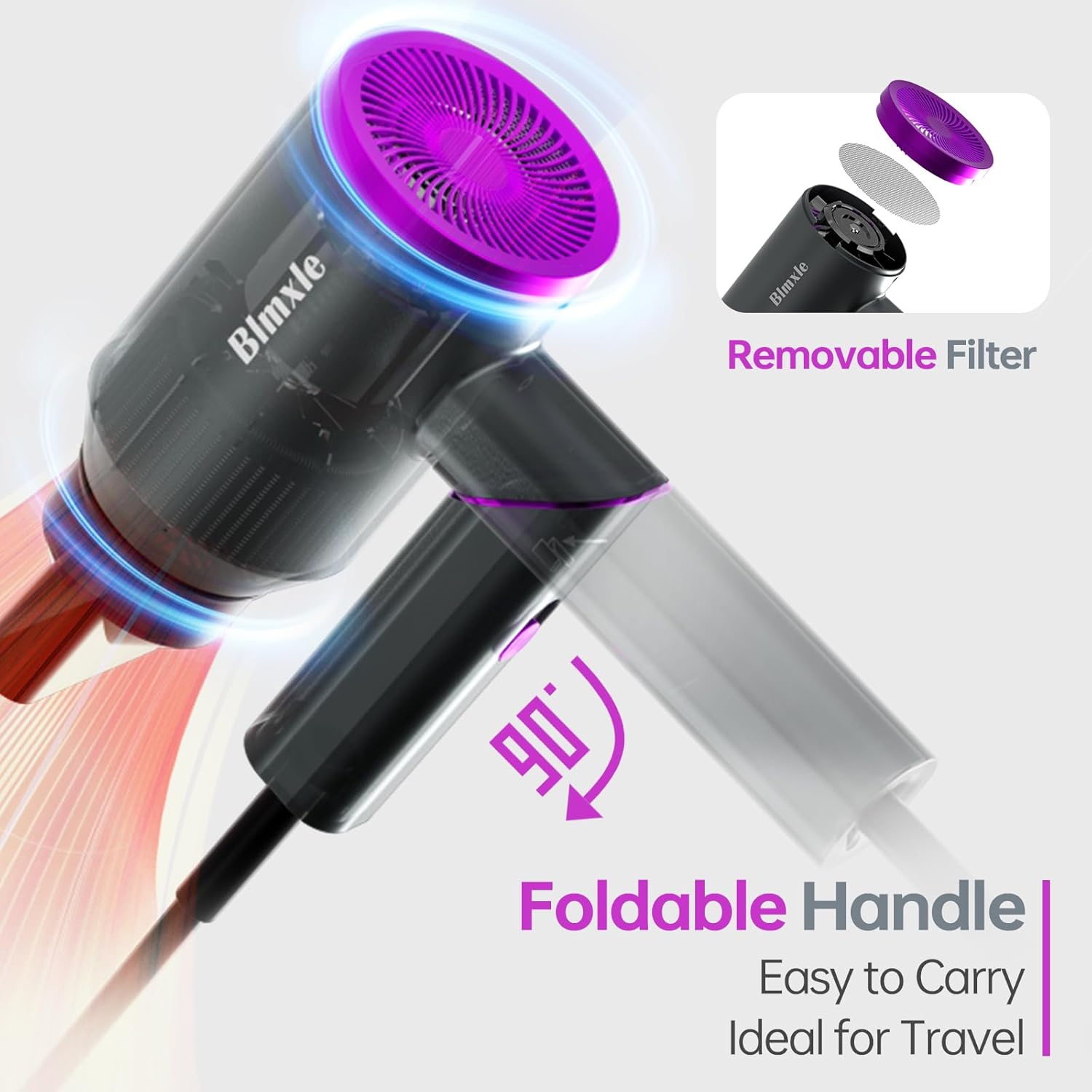 Compact Black Travel Hair Dryer Foldable Handle, Lightweight, Fast Drying Hair Care - Image 2