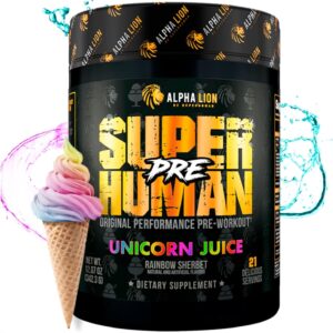 ALPHA LION Superhuman Pre Workout Powder, Beta Alanine, L-Taurine & Tri-Source Caffeine for Sustained Energy & Focus, Nitric Oxide & Citrulline for Pump (21 Servings, Unicorn Juice)