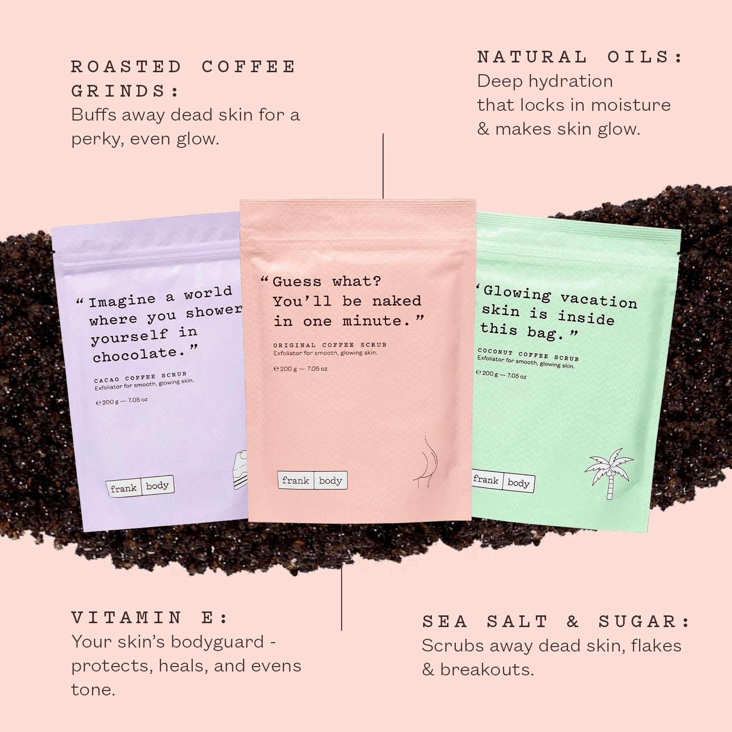 Frank Body Scrub Variety Pack | Natural, Vegan, Cruelty Free Exfoliating Body Scrub | Includes Original Coffee, Cacao, & Coconut Coffee Scrubs | 3 x 7.05 oz / 200 g - Image 2