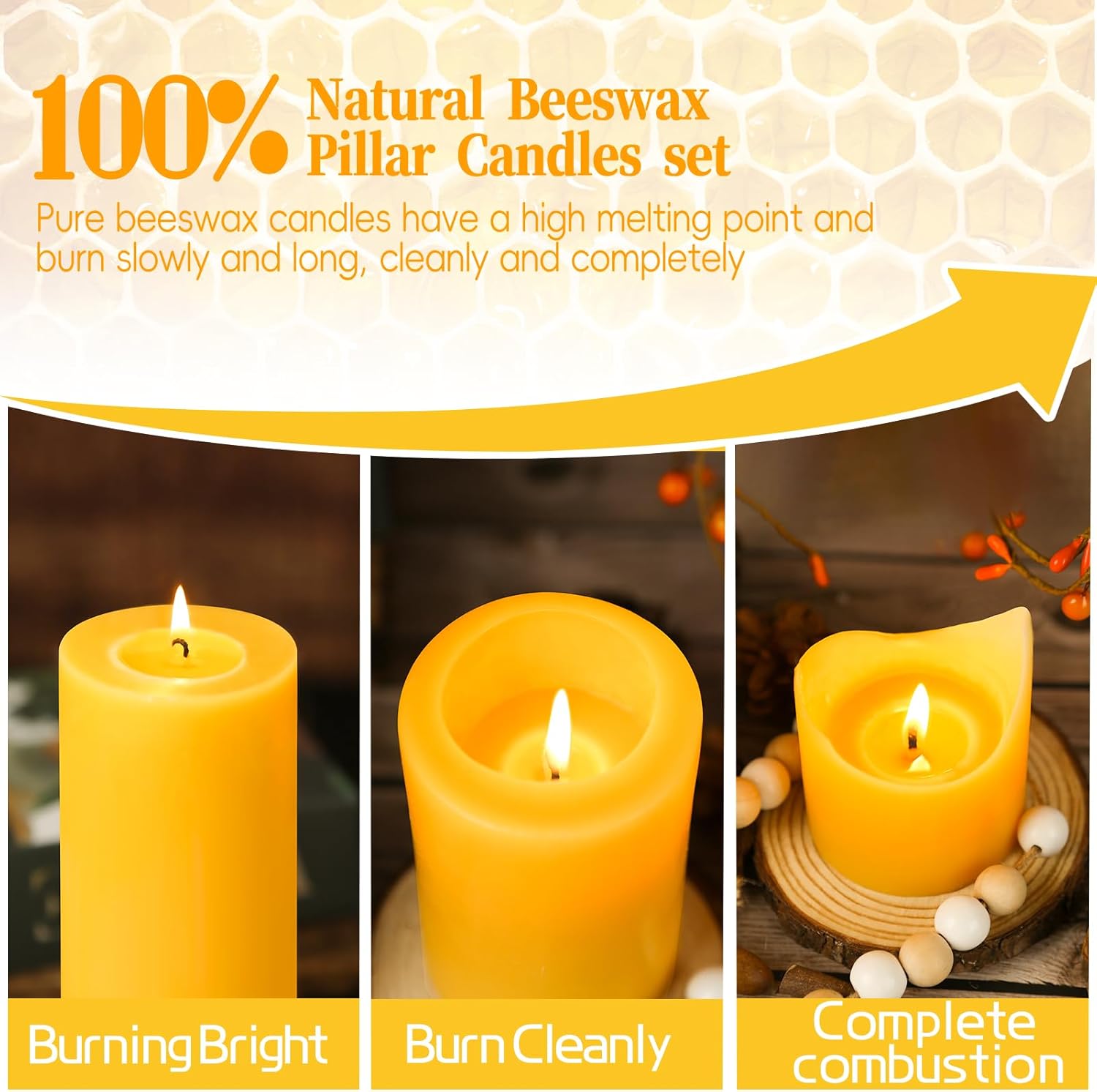Beeswax Pillar Candles Set of 3,100% Pure Beeswax Candles, 87 Hour Burn Time Bees Wax Candles for Home, Prayer, Unscented, Dripless and Smokeless Organic Pillar Candles,2x2in,2x3in,1.89x4in - Image 3