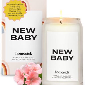 Homesick Scented Candles for Home (New Baby) - 13.75 oz Long-Lasting Natural Soy Wax Blend Jar Candle Gifts & Couples Baby Shower Favors, 60-80 Hours Burn Time - Notes of Geranium & Vanilla