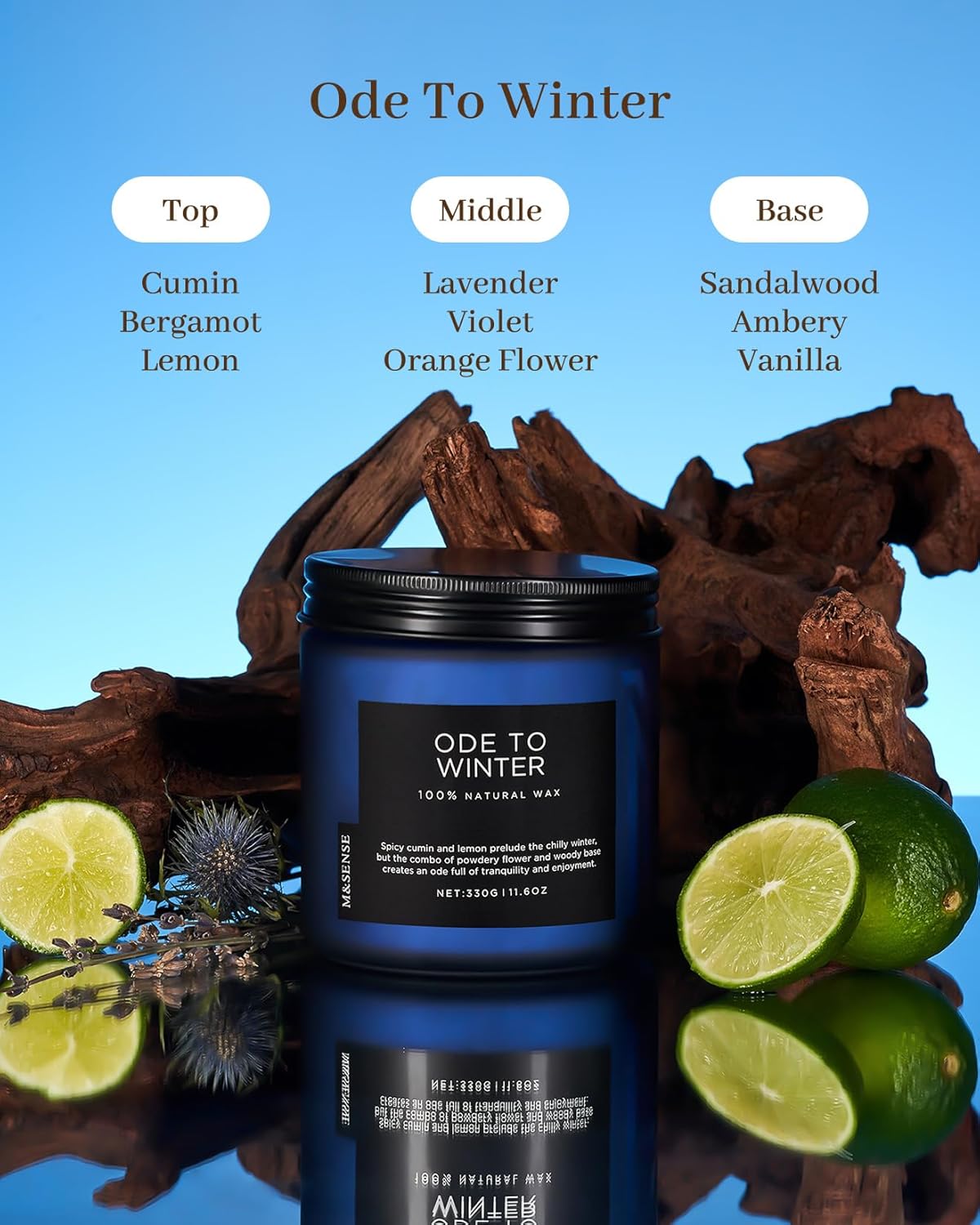 M&SENSE Ode to Winter - Lavender Sandalwood Scent 11.6oz Natural Soy Wax Non Toxic Candle, Up to 70 Hours Burn Time Candles Winter Scents, 2 Cotton Wick Jar Candle Home Scented Gift - Image 2