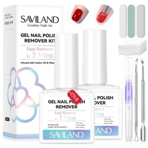 SAVILAND 2 Minutes Quick & Easy Gel Nail Polish Remover Kit: 2 PCS Soak-off Gel Polish Remover Rich in Castor Oil & Vitamin E, with Cuticle Oil Pen Nail Tools for Gel Nails Remove Home Salon Use