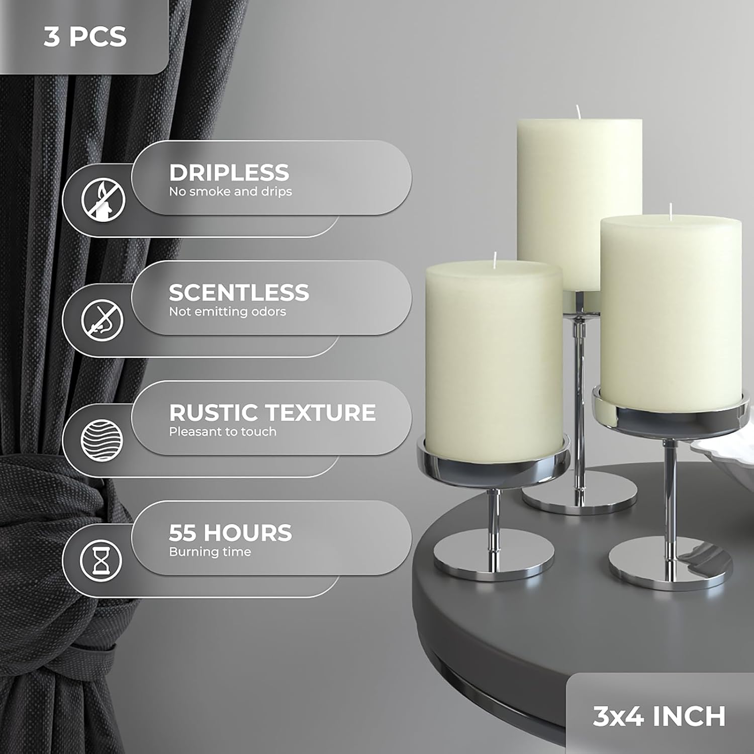 CANDWAX 3x4 inch Pillar Candles Set of 3 – Unscented Dripless Rustic Ivory Candles for Home Decor, Weddings, Table Settings - Image 2