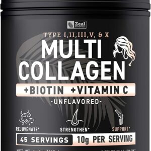 Premium Multi Collagen Peptides Protein Powder (1, 2, 3, 5 & 10) with Vitamin C, Biotin, Hyaluronic Acid, for Hair Skin and Nails - Marine, Bovine, Chicken & Eggshell (Unflavored, 45 Servings)