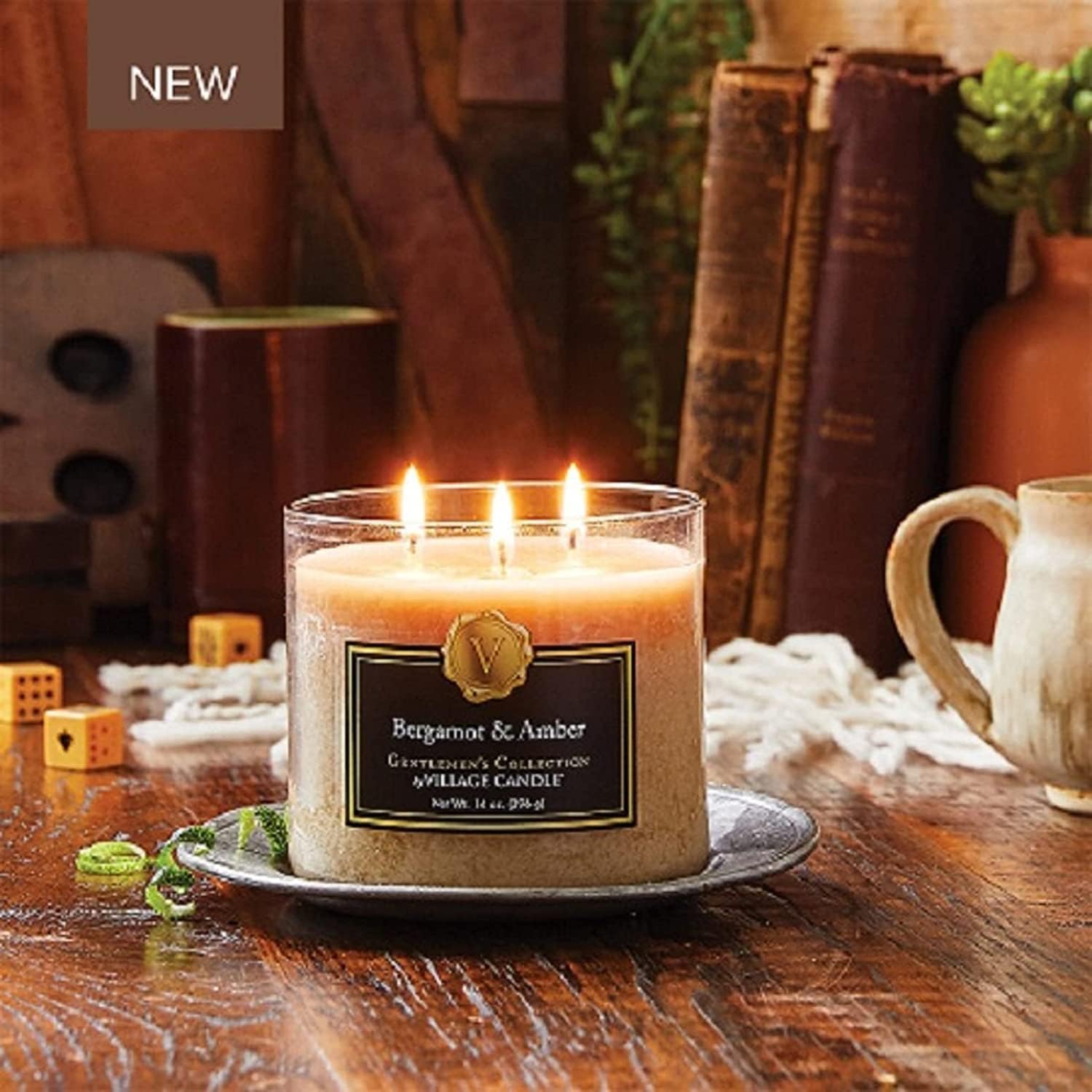 Village Candle 14 oz Brown Bergamot Amber Scented 3-Wick Glass Bowl Candle - Image 3