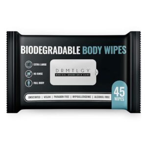 DRMTLGY Body and Face Shower Wipes for Women and Men - 45 Wipes. XTRA Large Biodegradable No Rinse Cleasning Wipes For Camping, Sports, Traveling, and more!