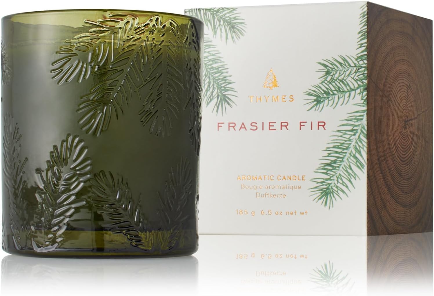 Thymes Frasier Fir Candle - Molded Green Glass Jar with Pine Needle Design - Winter Candle Gifts for Women & Men - Fresh Home Fragrance - Notes of Crisp Siberian Fir, Cedarwood & Sandalwood (6.5 oz)