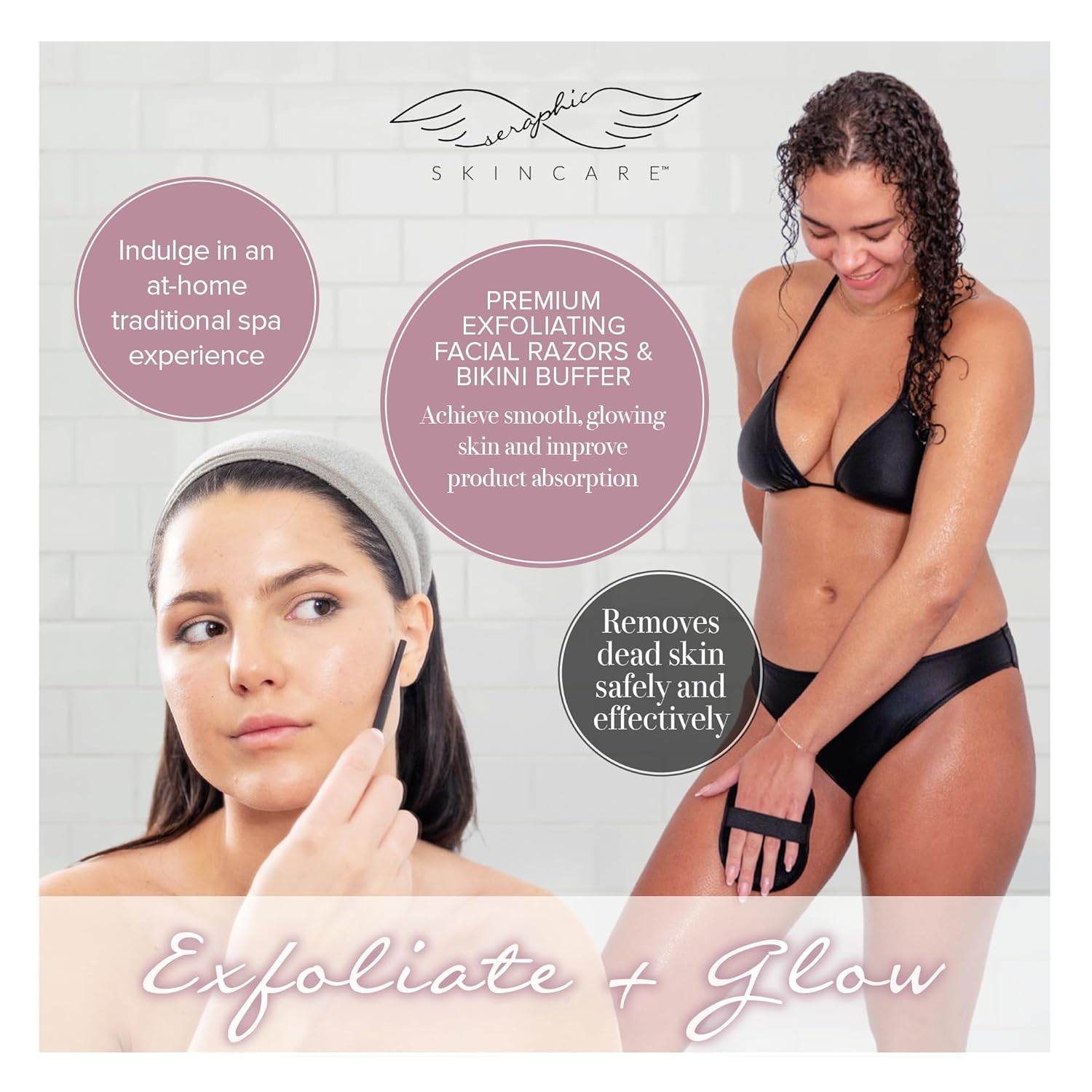 Seraphic Skincare Exfoliating Facial Razors (3pc) & Bikini Buffer – Dermaplane Face Razor for Women – Ingrown Hair & Razor Bumps Treatment on Bikini Area – Natural & Effective Exfoliation - Image 2