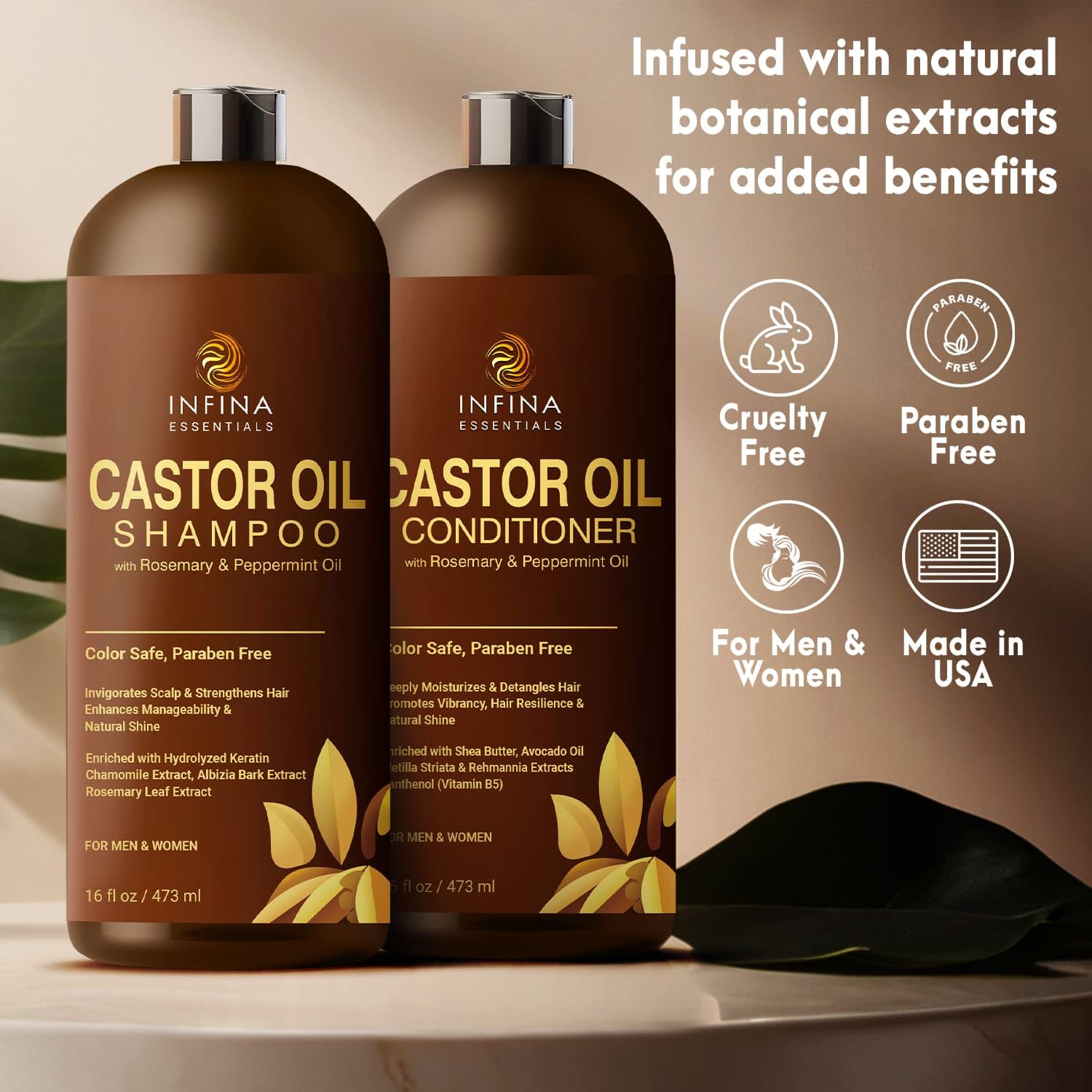 Castor Oil Shampoo and Conditioner Set for Hair Growth with Rosemary & Peppermint Oil - Cleanse Hair, Strengthen & Shine with Castor Shampoo and Conditioner - Anti-Hair Loss for Men & Women - 16 fl oz - Image 5