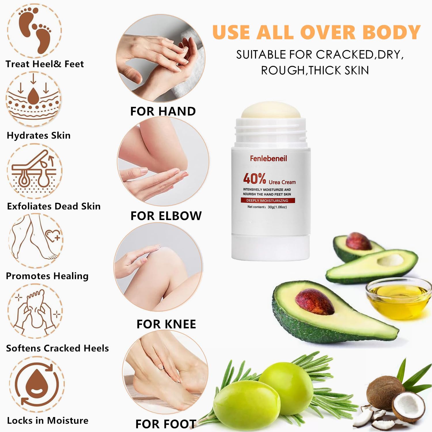 Urea Cream 40 Percent for Foot and Dry Cracked Heel 40% Urea Feet Cream Balm Stick for Foot Hand Moisturizing Feet Hand Care Balm For Women Men 1.06Oz - Image 2