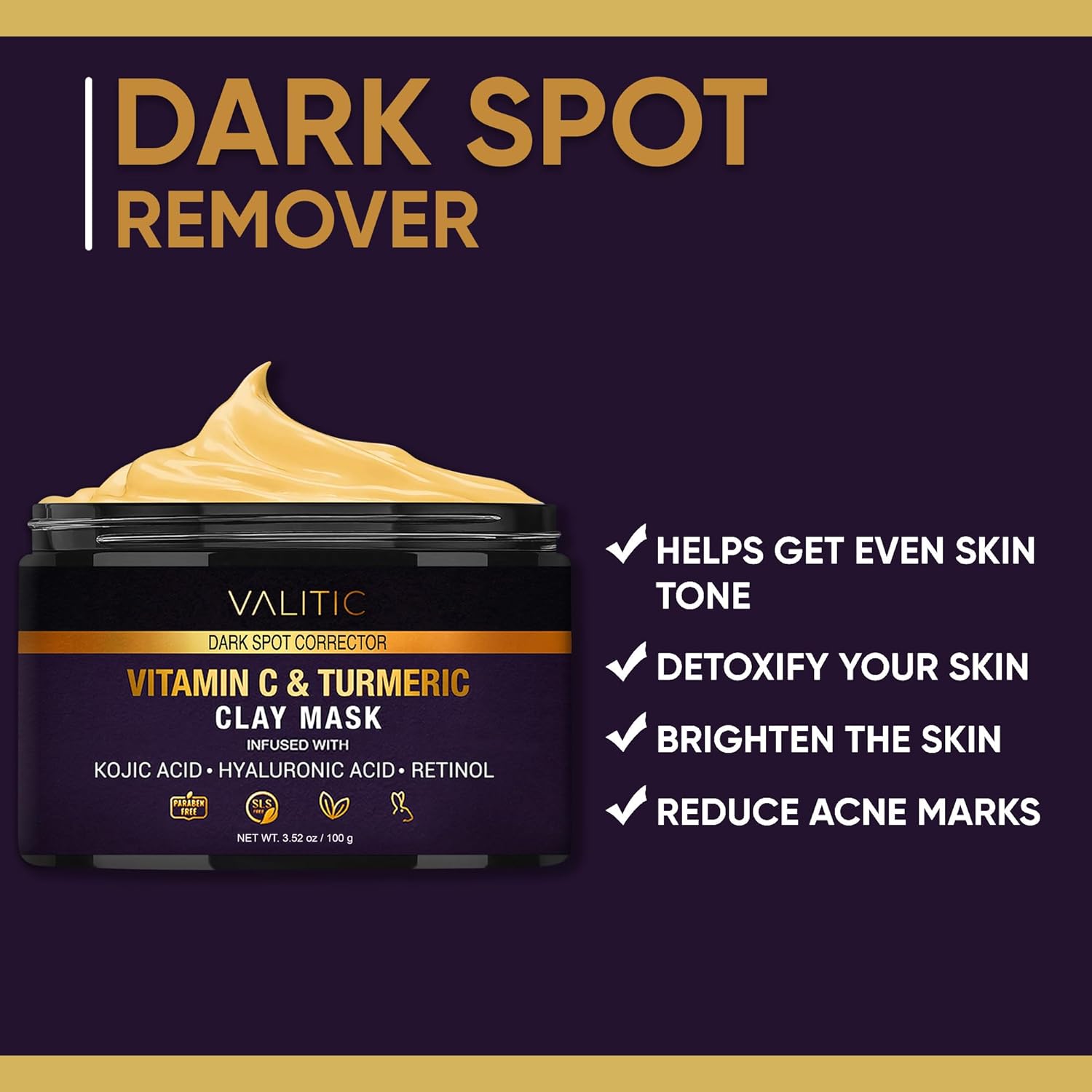 VALITIC Vitamin C & Turmeric Clay Mask - Dark Spot Corrector with Kojic Acid, Hyaluronic Acid & Retinol - Skin Care Routine for Minimizing Pores & Blackheads - with Applicator Brush - 100g - Image 2